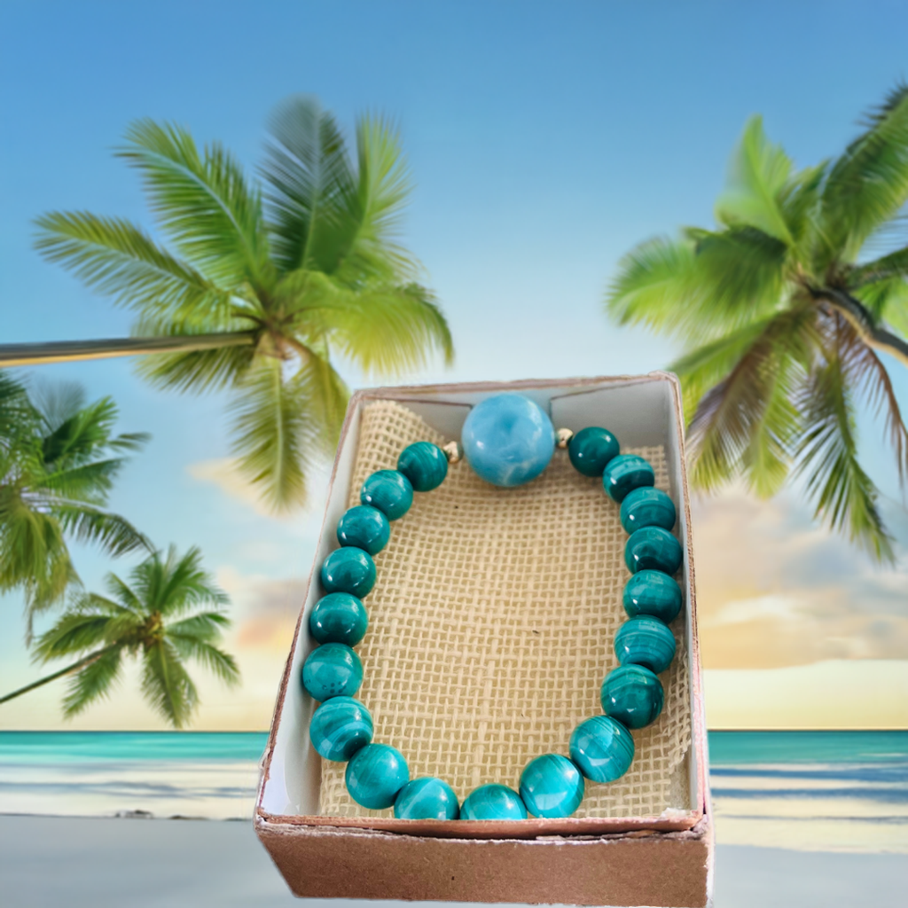 Pulseira de cura de larimar e malaquita – Joia de pedra preciosa natural de 8 mm de qualidade AAA para cura emocional, alívio do estresse e transformação"