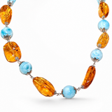 Larimar Bead Necklace With Dominican Amber in 925 Sterling Hook