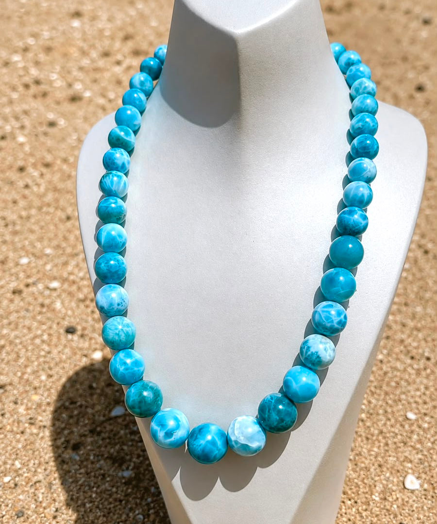Larimar Bead Necklace in 925 Sterling Silver | 136g  AAA + Natural Dominican Larimar