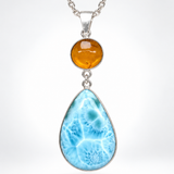 Larimar and Amber Double Pendant in 925 Sterling Silver Teardrop Round Pendant