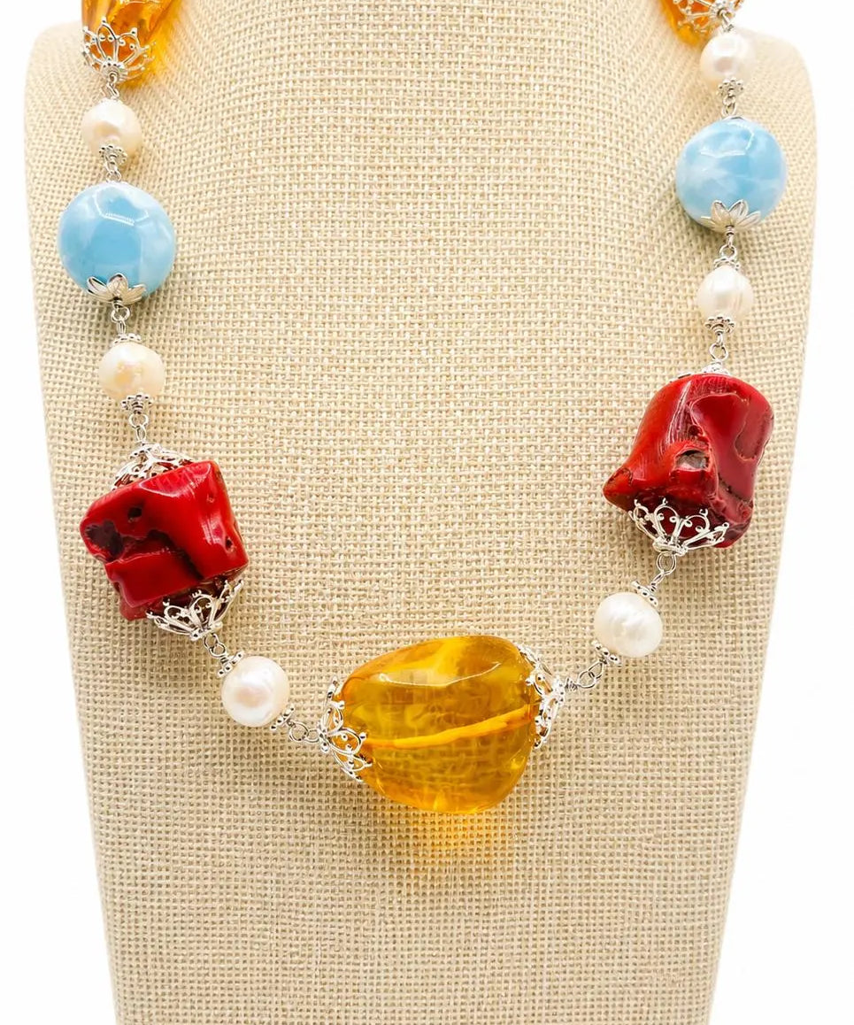 Larimar, Dominican Amber & Red Coral Statement Necklace – Handcrafted Sterling Silver Jewelry