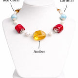 Larimar, Dominican Amber & Red Coral Statement Necklace – Handcrafted Sterling Silver Jewelry