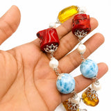 Larimar, Dominican Amber & Red Coral Statement Necklace – Handcrafted Sterling Silver Jewelry