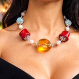 Larimar, Dominican Amber & Red Coral Statement Necklace – Handcrafted Sterling Silver Jewelry