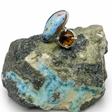 Larimar & Amber Double Stone Ring — Adjustable 925 Sterling Silver Jewelry Gift