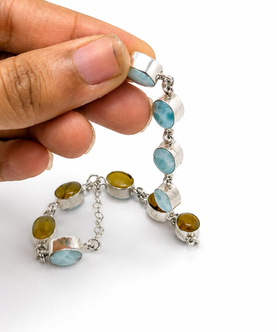 Larimar & Dominican Amber Bracelet in 925 Sterling Silver