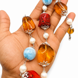AAA Larimar Statement Necklace, Dominican Amber Red Coral Pearl 925 Silver