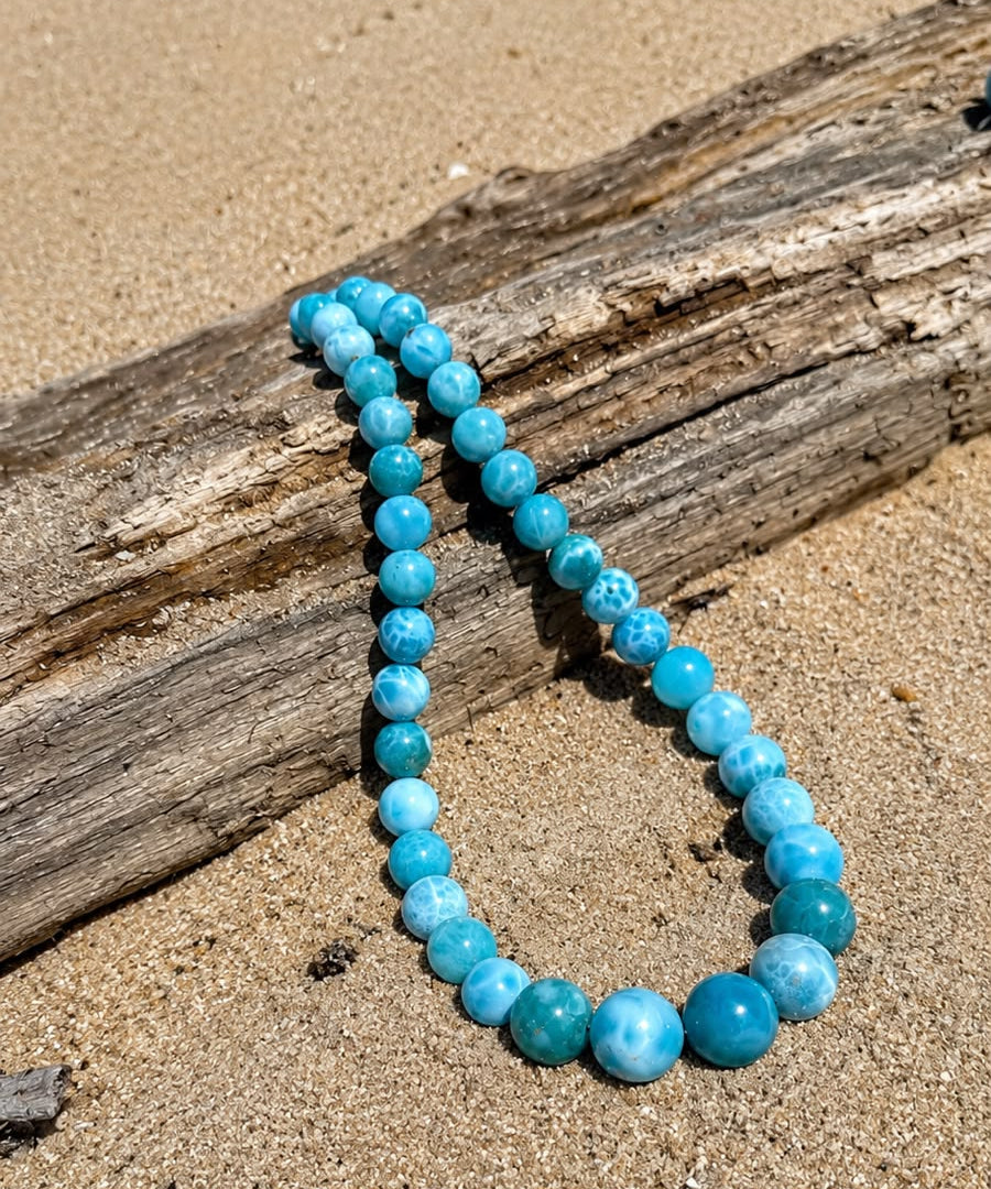 Larimar Bead Necklace in 925 Sterling Silver | 136g  AAA + Natural Dominican Larimar, Exclusive Blue Gemstone Jewlery
