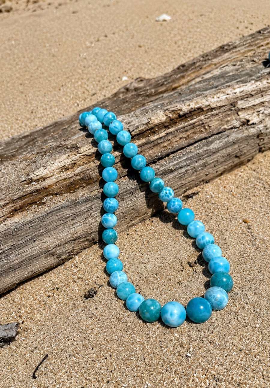 Larimar Bead Necklace in 925 Sterling Silver | 136g  AAA + Natural Dominican Larimar, Exclusive Blue Gemstone Jewlery
