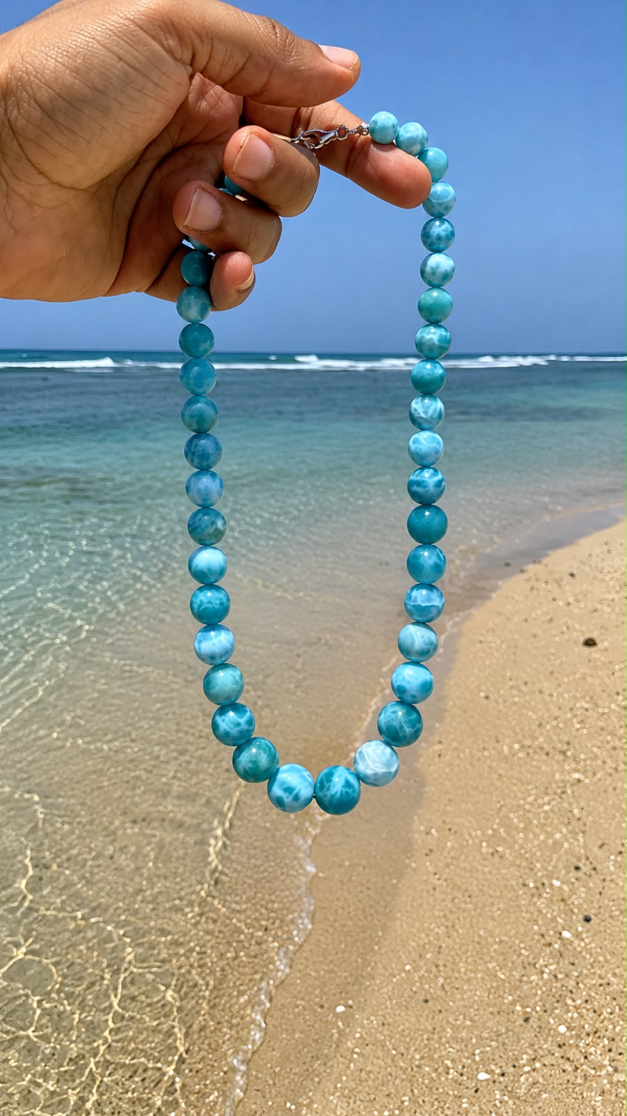 Larimar Bead Necklace in 925 Sterling Silver | 136g  AAA + Natural Dominican Larimar, Exclusive Blue Gemstone Jewlery