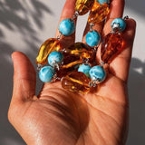 Larimar Bead Necklace With Dominican Amber in 925 Sterling Hook