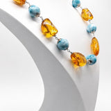 Larimar Bead Necklace With Dominican Amber in 925 Sterling Hook