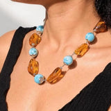 Larimar Bead Necklace With Dominican Amber in 925 Sterling Hook
