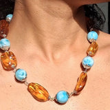 Larimar Bead Necklace With Dominican Amber in 925 Sterling Hook