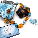 Larimar Bead Necklace With Dominican Amber in 925 Sterling Hook