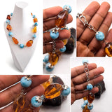 Larimar Bead Necklace With Dominican Amber in 925 Sterling Hook