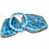 Larimar Bead Bracelet – 7–8mm Beads with 13mm Center Bead, Genuine Dominican Blue Stone