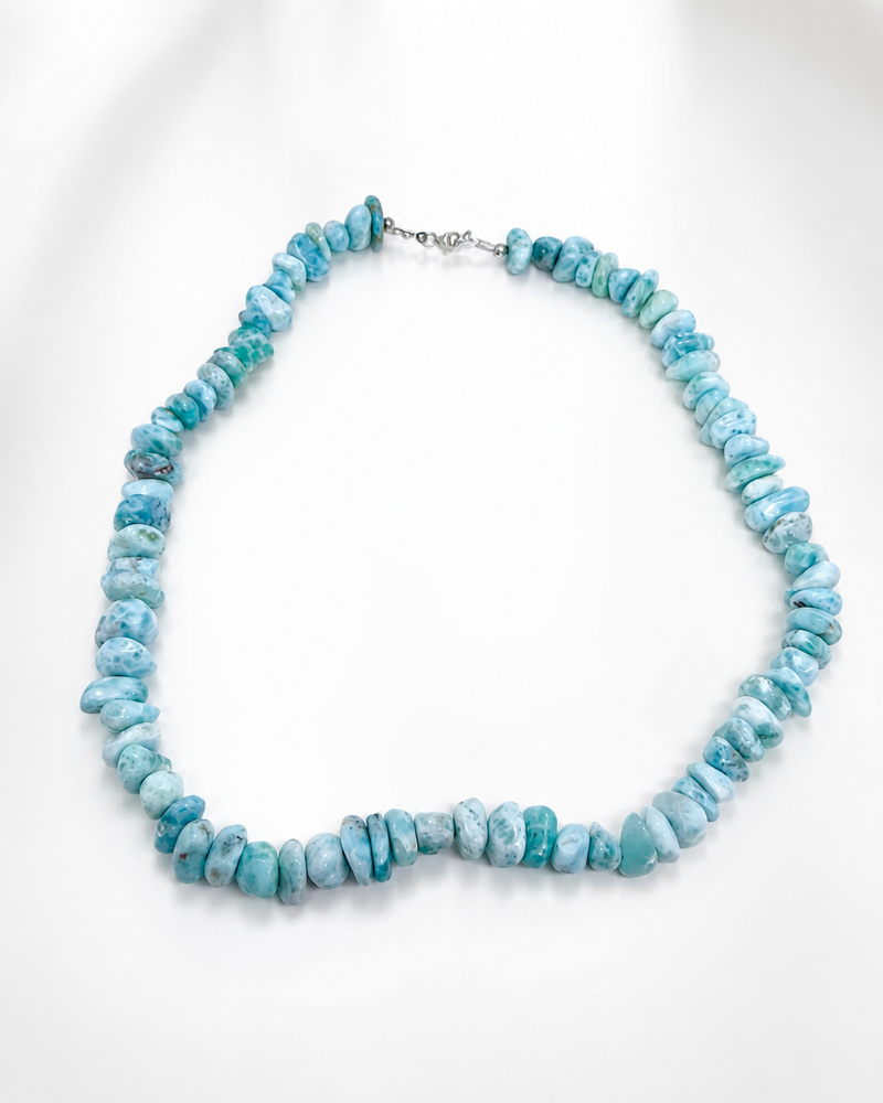 Larimar Chip Bead Necklace, Genuine Dominican Larimar, Unisex 925 Sterling Silver Jewelry