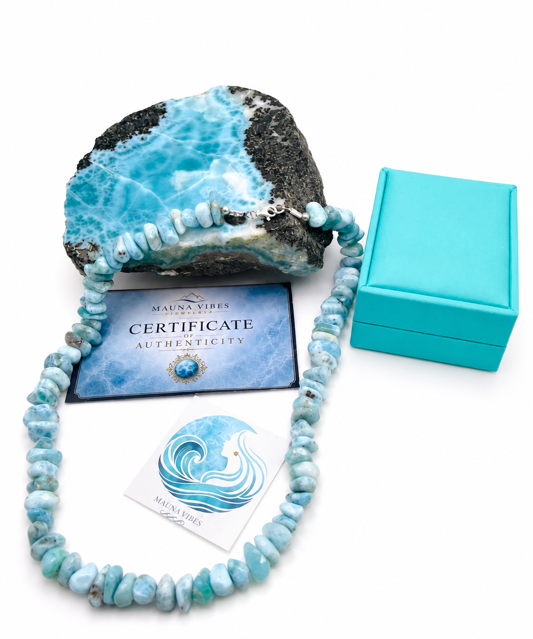 Larimar Chip Bead Necklace, Genuine Dominican Larimar, Unisex 925 Sterling Silver Jewelry