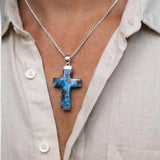 Larimar Cross Pendant, 925 Sterling Silver Blue Stone Unisex