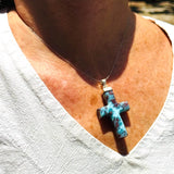 Larimar Cross Pendant, 925 Sterling Silver Blue Stone Unisex