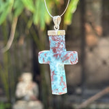 Larimar Cross Pendant, 925 Sterling Silver Blue Stone Unisex