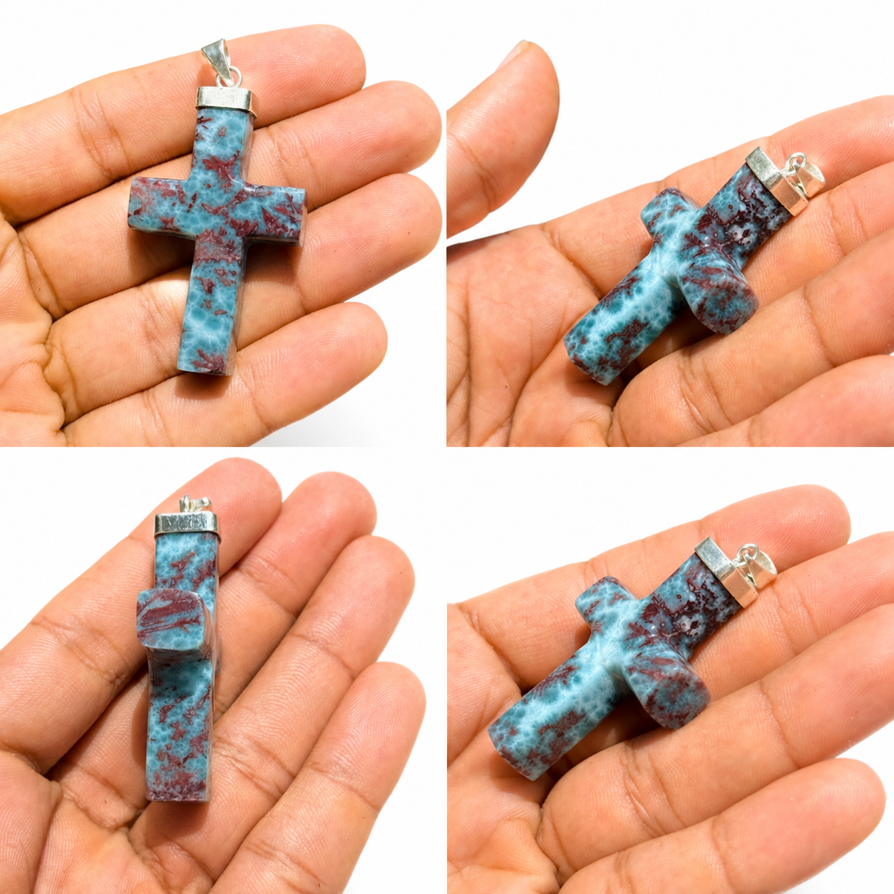 Larimar Cross Pendant, 925 Sterling Silver Blue Stone Unisex