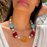 AAA Larimar Statement Necklace, Dominican Amber Red Coral Pearl 925 Silver