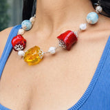 AAA Larimar Statement Necklace, Dominican Amber Red Coral Pearl 925 Silver