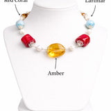 AAA Larimar Statement Necklace, Dominican Amber Red Coral Pearl 925 Silver