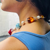 AAA Larimar Statement Necklace, Dominican Amber Red Coral Pearl 925 Silver