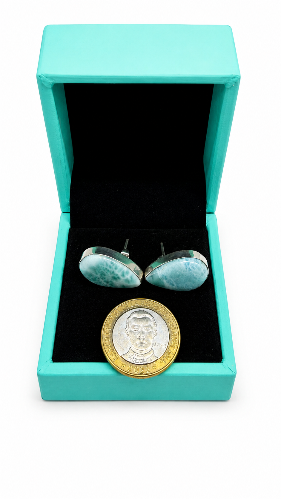 Larimar earrings in a blue box