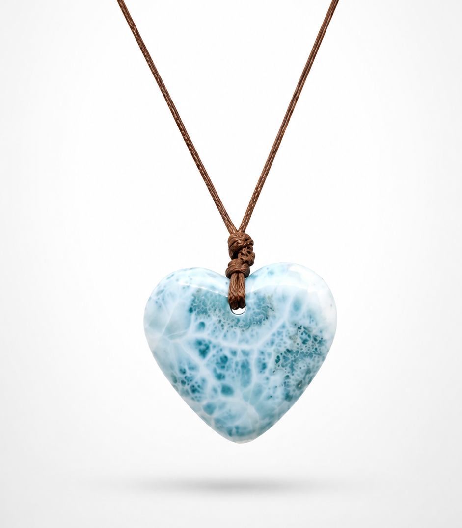 A Larimar heart-shaped pendant made of light blue and white marbled stone, suspended from a brown cord necklace against a clean white background.