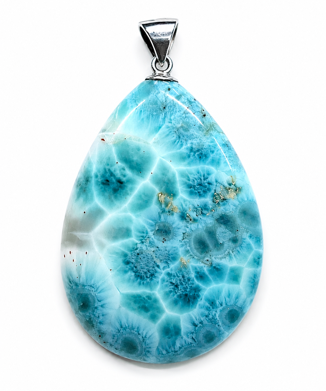 A teardrop-shaped larimar gemstone pendant with a vibrant blue and white marbled pattern, featuring a silver bail at the top, set against a plain white background.