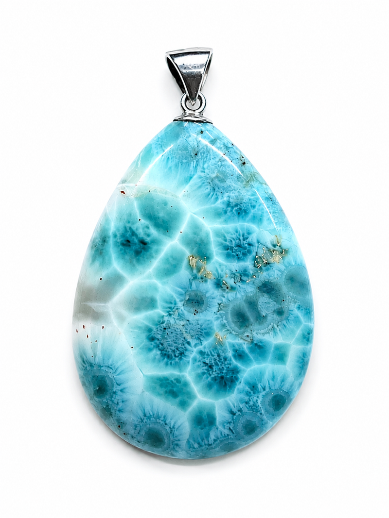 A teardrop-shaped larimar gemstone pendant with a vibrant blue and white marbled pattern, featuring a silver bail at the top, set against a plain white background.
