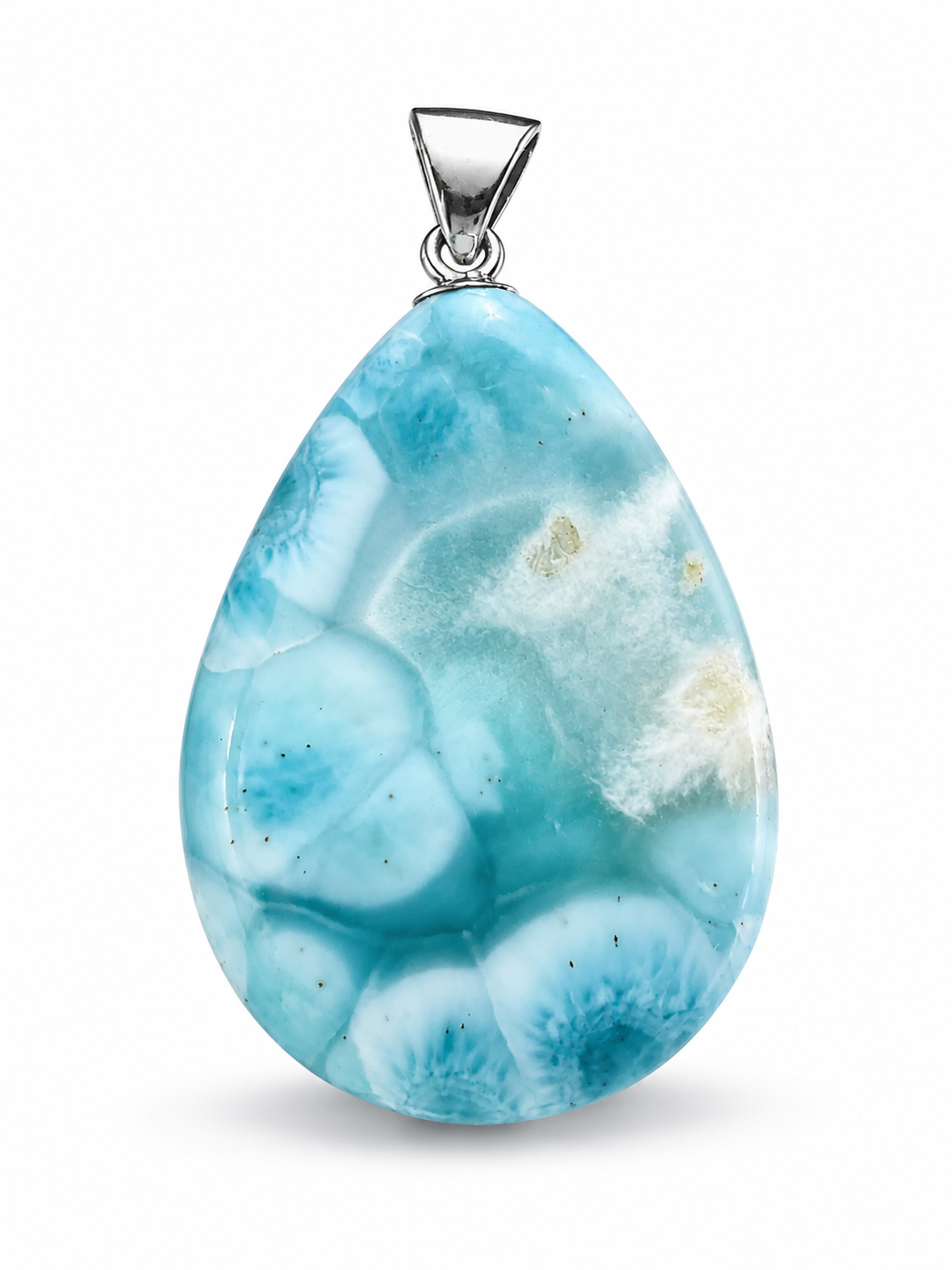A teardrop-shaped pendant featuring a marbled turquoise and light blue stone with white veining and tiny gold flecks, suspended from a silver bail on a white background.