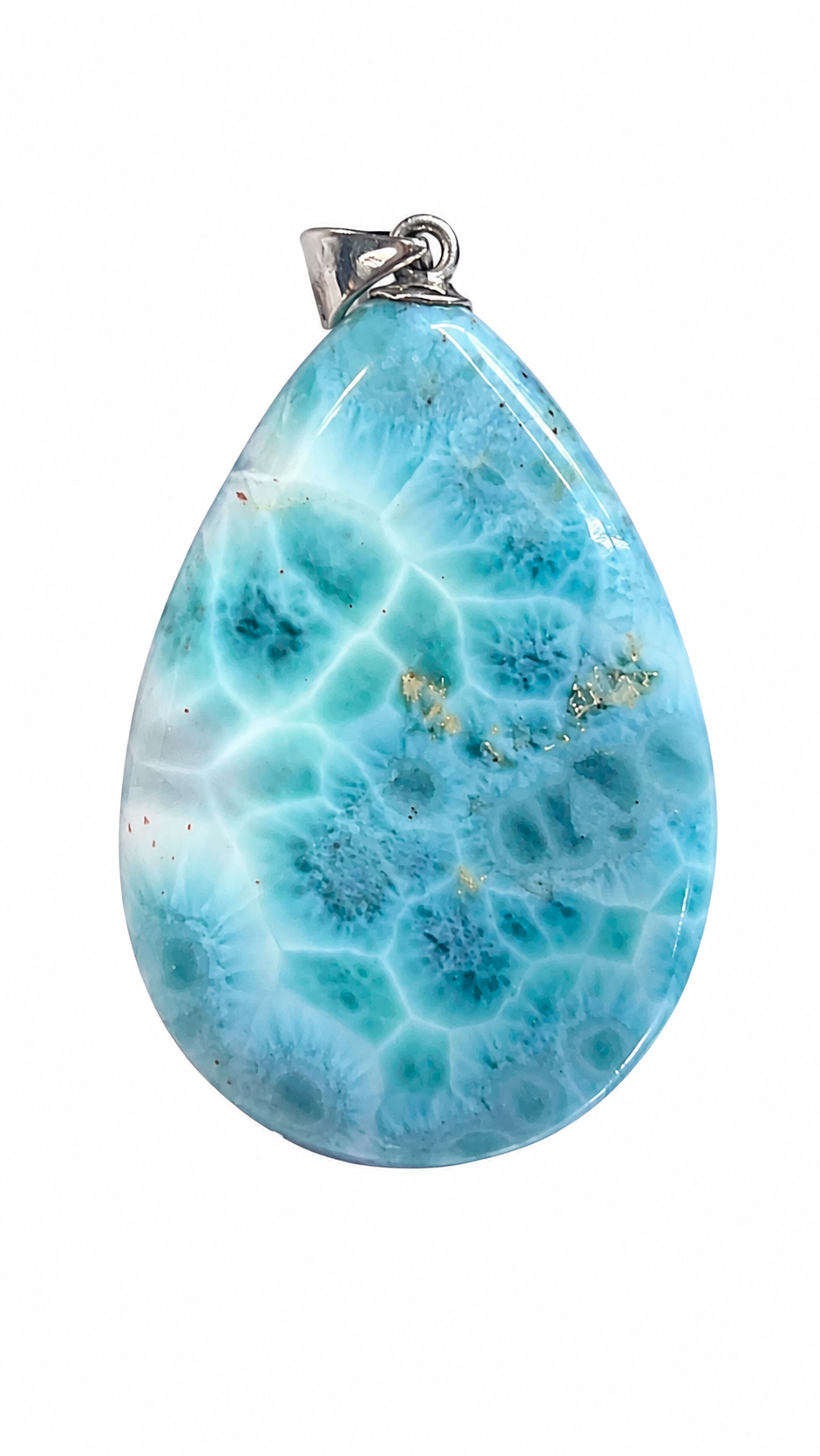 A teardrop-shaped Larimar pendant featuring a vibrant light blue and white marbled pattern with small gold inclusions, suspended from a silver bail, set against a plain white background.