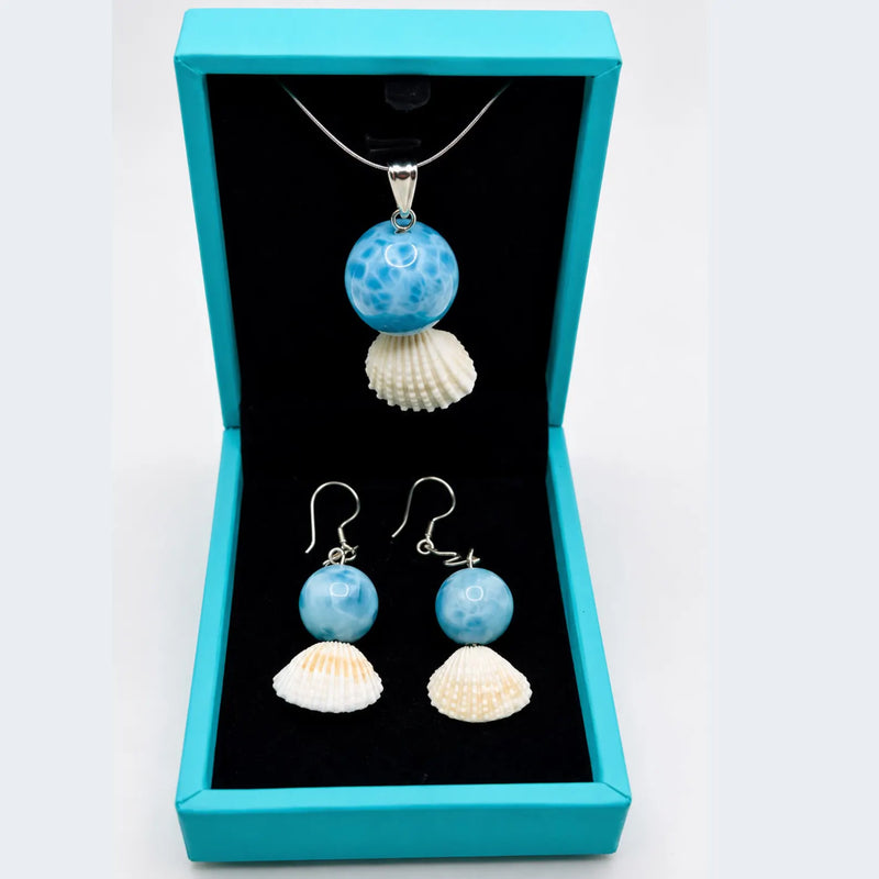 larimar  stone pendnat and earrings in a luxury mauna vibes box 
