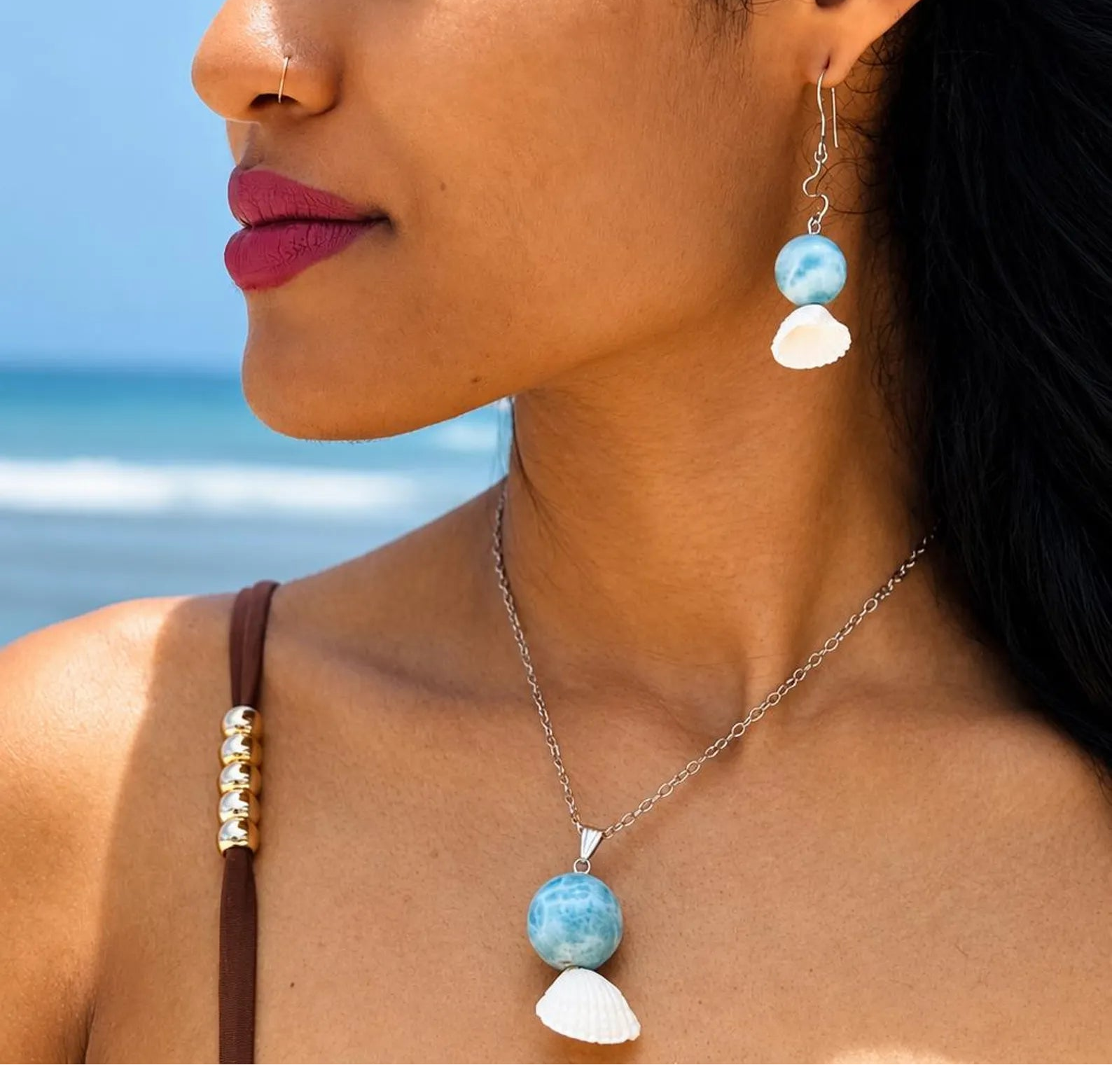 Larimar & Seashell Jewelry Set – Handmade Sterling Silver