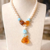 Larimar Necklace with Amber & Pearls- 925 Sterling Silver Jewelry
