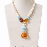 Larimar Necklace with Amber & Pearls- 925 Sterling Silver Jewelry