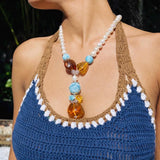 Larimar Necklace with Amber & Pearls- 925 Sterling Silver Jewelry