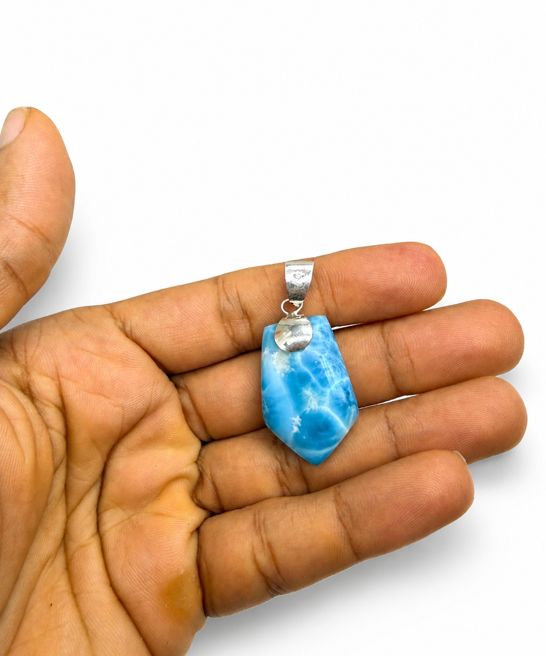 AAA grade Dominican Larimar pendant in 925 sterling silver, front view, for everyday wear, Mauna Vibes