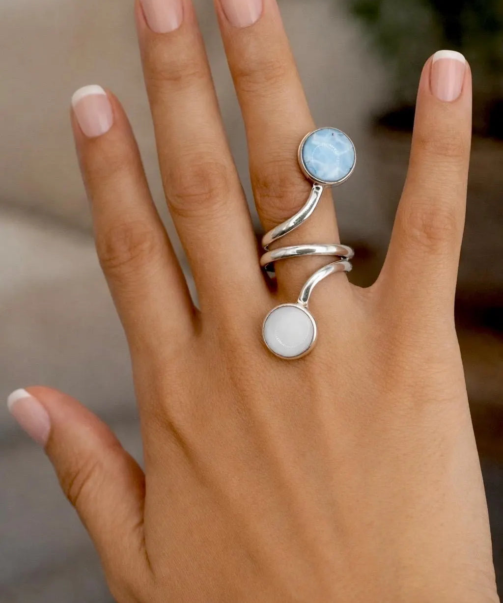 Larimar Bypass Wrap Ring – Dual Stone 925 Sterling Silver
