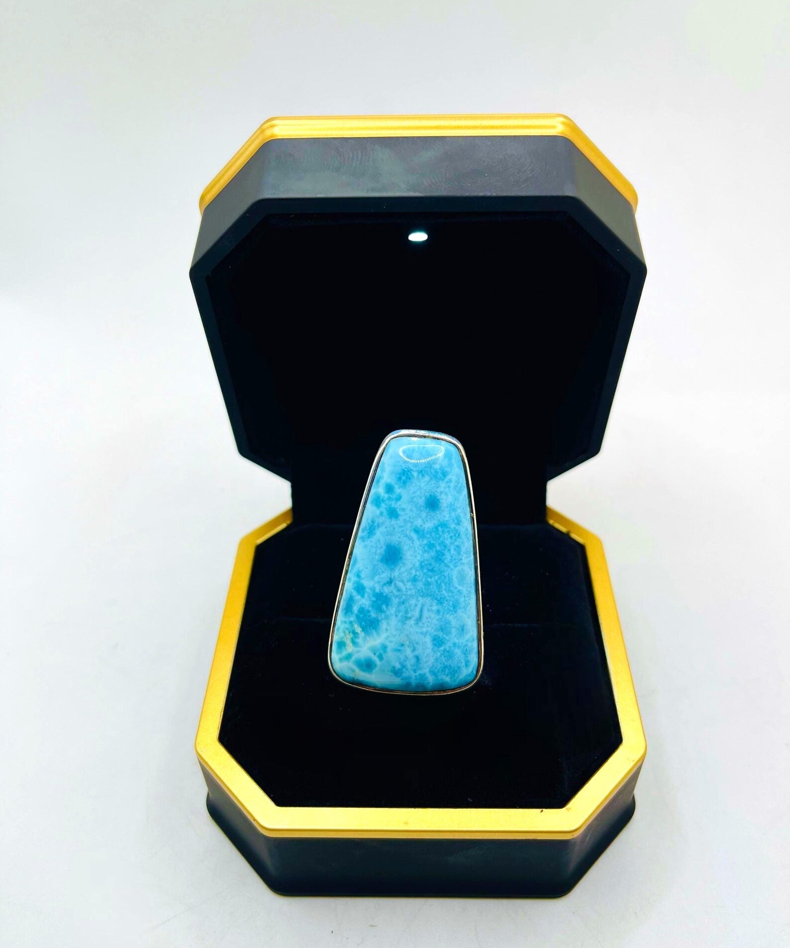Larimar Ring – Trapezoid Cabochon 925 Sterling Silver Adjustable Statement Jewelry