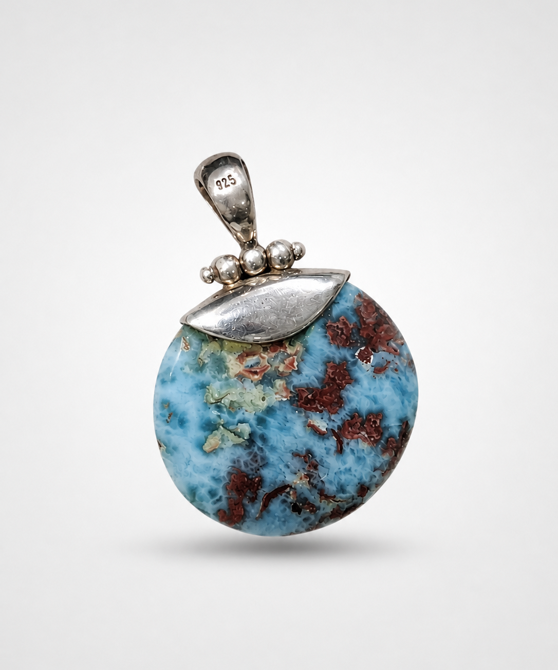 Round Larimar Pendant in 925 Sterling Silver, Red Dominican Stone Specimen