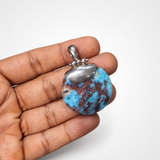 Round Larimar Pendant in 925 Sterling Silver, Red Dominican Stone Specimen