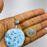 Round AAA Larimar Pendant –High-Grade Blue Turtleback Translucent Double-Sided 925 Sterling Silver