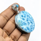 Round AAA Larimar Pendant –High-Grade Blue Turtleback Translucent Double-Sided 925 Sterling Silver