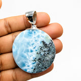 Round AAA Larimar Pendant –High-Grade Blue Turtleback Translucent Double-Sided 925 Sterling Silver